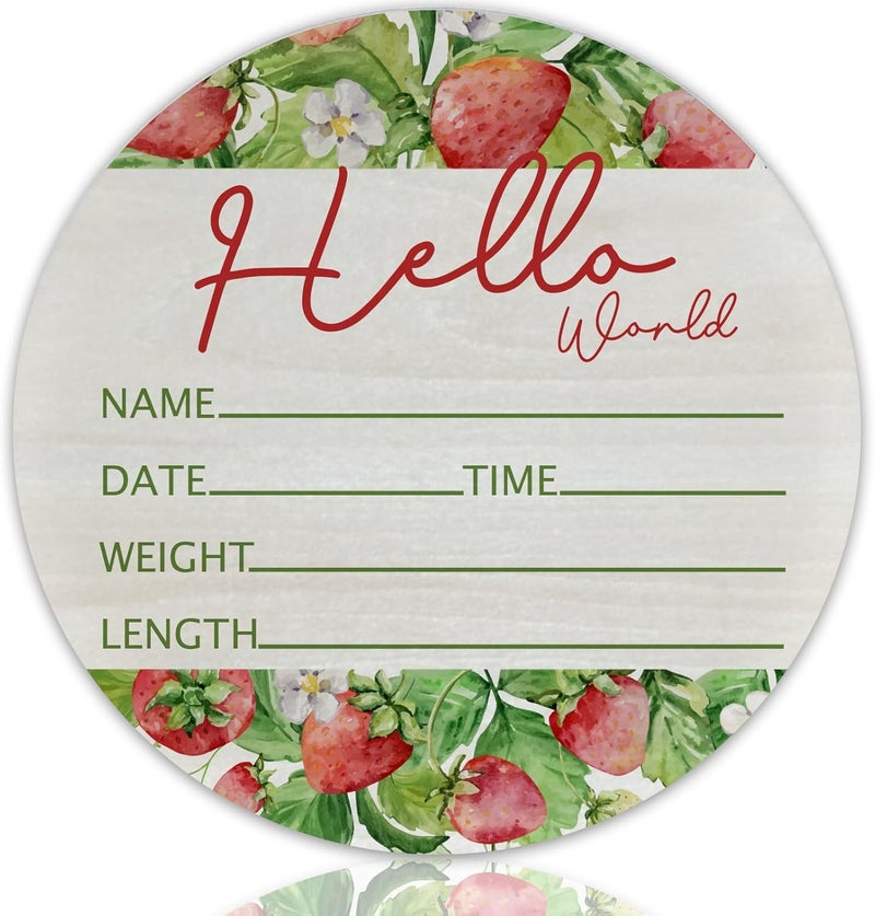 CLHHM Hello World Strawberry Theme Baby Name Sign Birth Announcement Plaque with Name Date Weight 6" Round Birch Wood Nursery Decor Newborn Hospital Keepsake Gift for Parents - Image 1